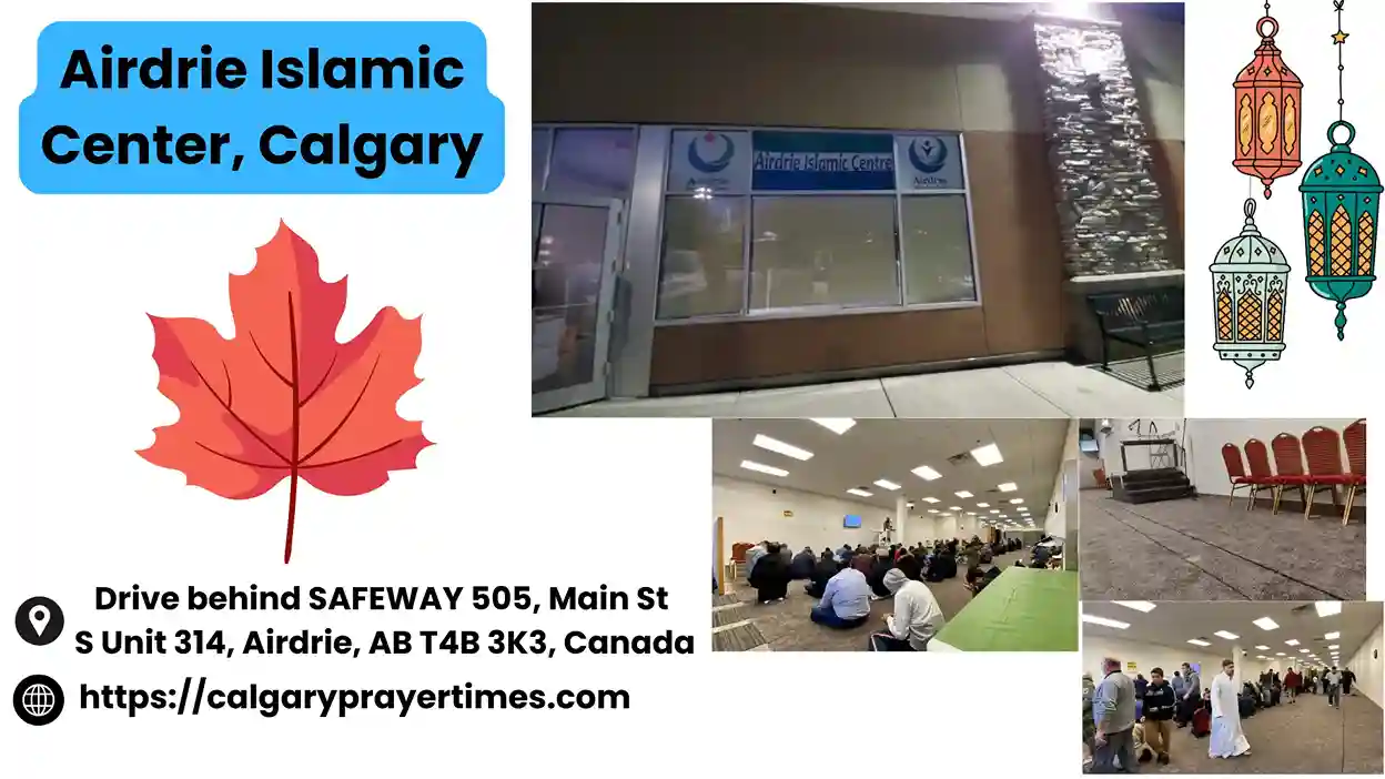 Header for the Airdrie Islamic Center in Calgary, showing its address at Unit 314, 505 Main St, Airdrie, AB,