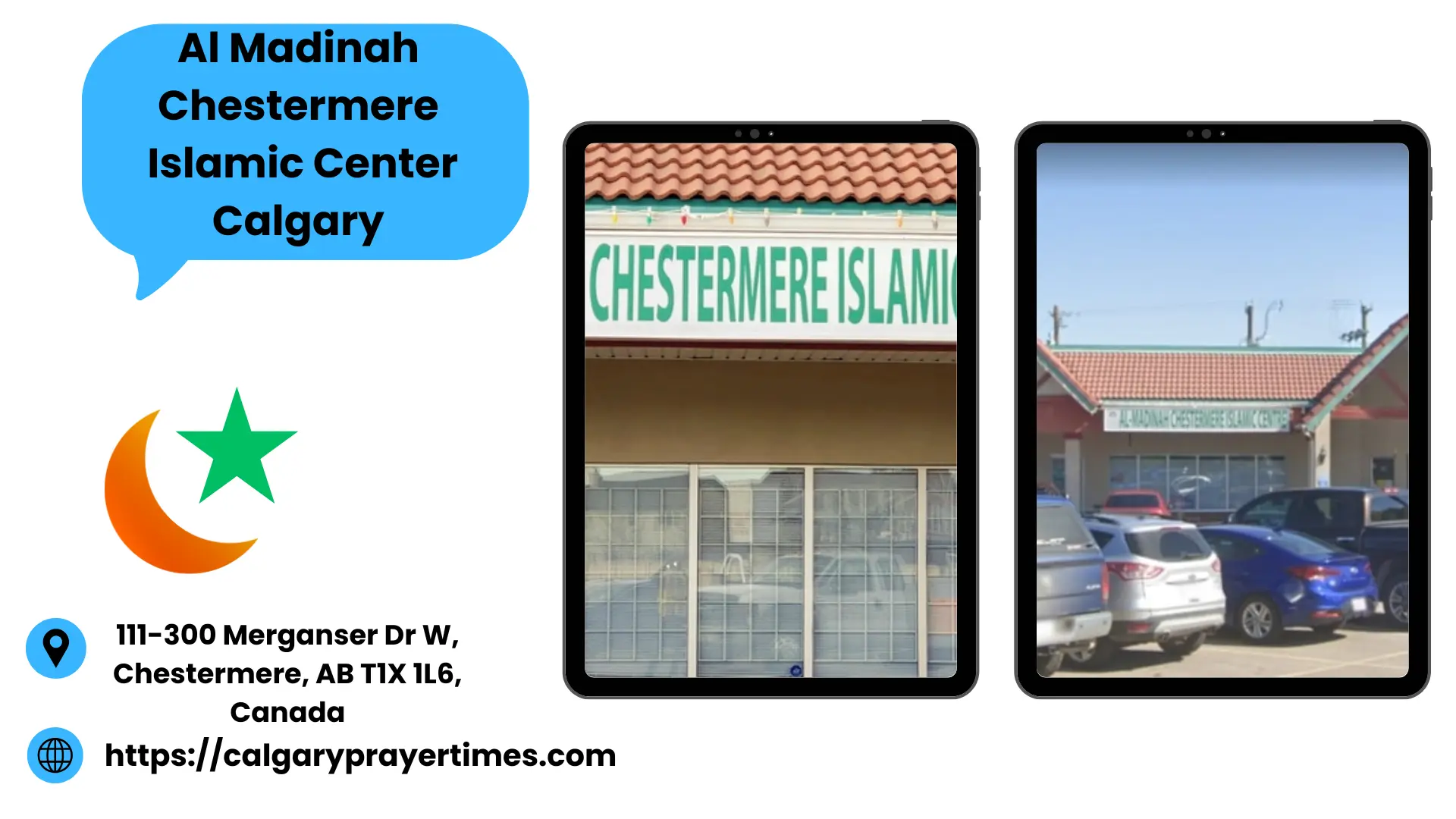 Information panel for Al Madinah Chestermere Islamic Center in Calgary, showing its address at 111-300 Merganser Dr W, Chestermere, AB