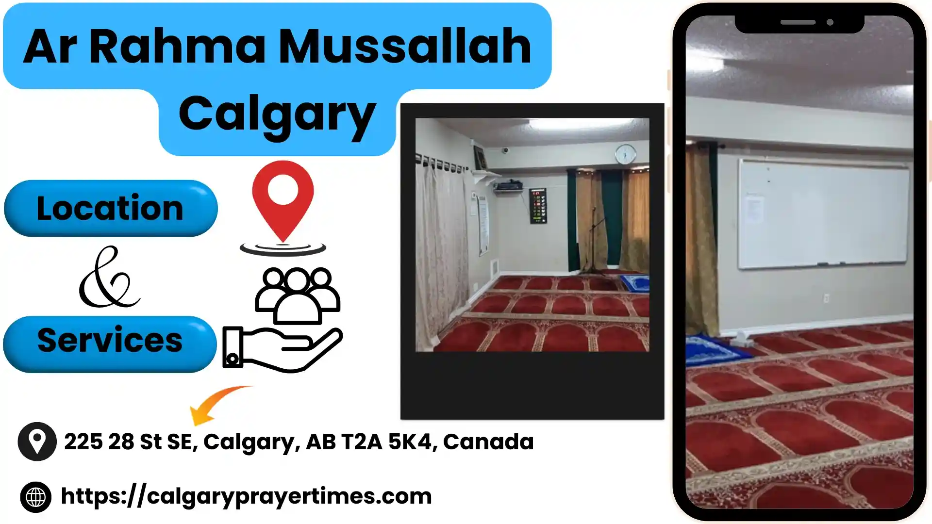 Interior of the main prayer hall at Ar Rahma Mussallah in Calgary.