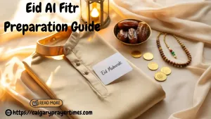 Flat lay of Eid preparation items including traditional outfit, dates in bowl, glowing lantern, gold coins, prayer beads, and Eid Mubarak card on cream cloth. Warm morning light. Beige and gold tones.