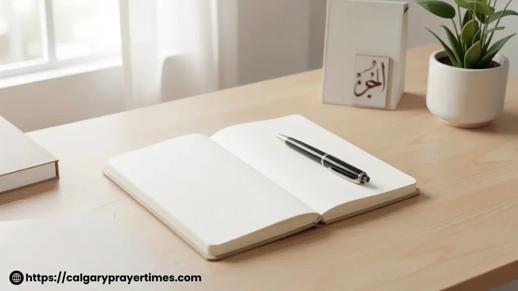 clean workspace for productivity with notebook and calm environment in Islamic lifestyle