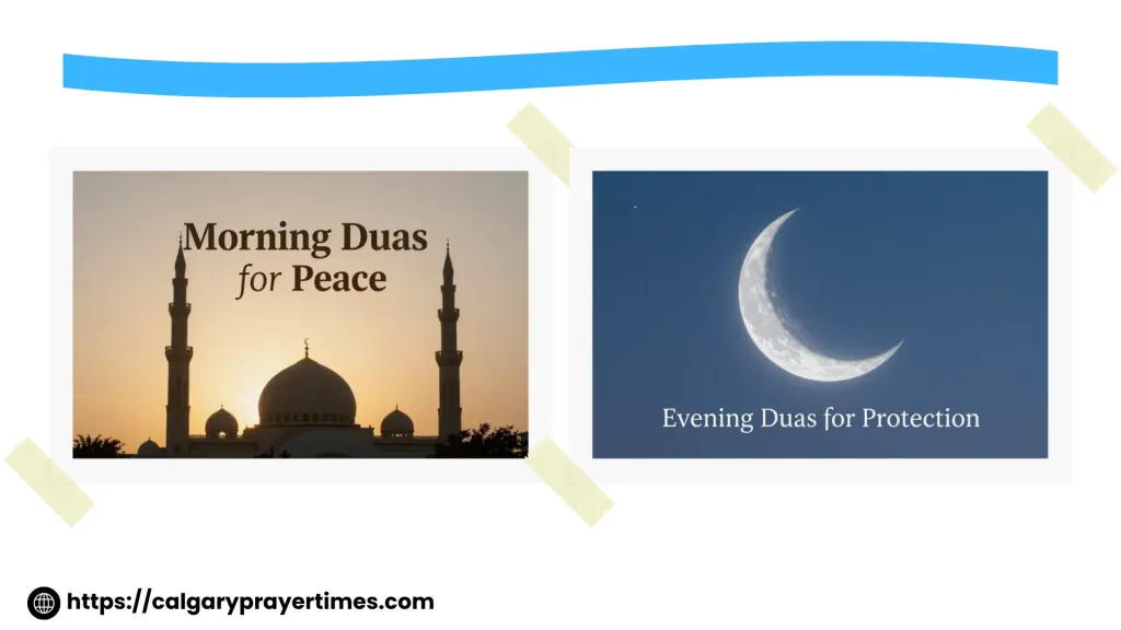 A soft sunrise Islamic scene representing morning duas and evening duas in Islam for protection.