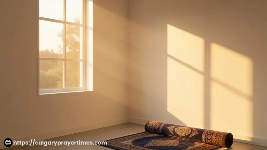Muslim morning routine with prayer mat and sunrise light in peaceful room