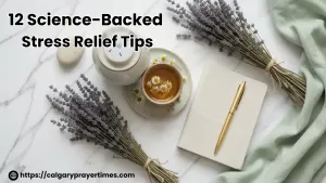 Wellness flat lay with aromatherapy diffuser, herbal tea cup, gratitude journal, and dried lavender on marble.