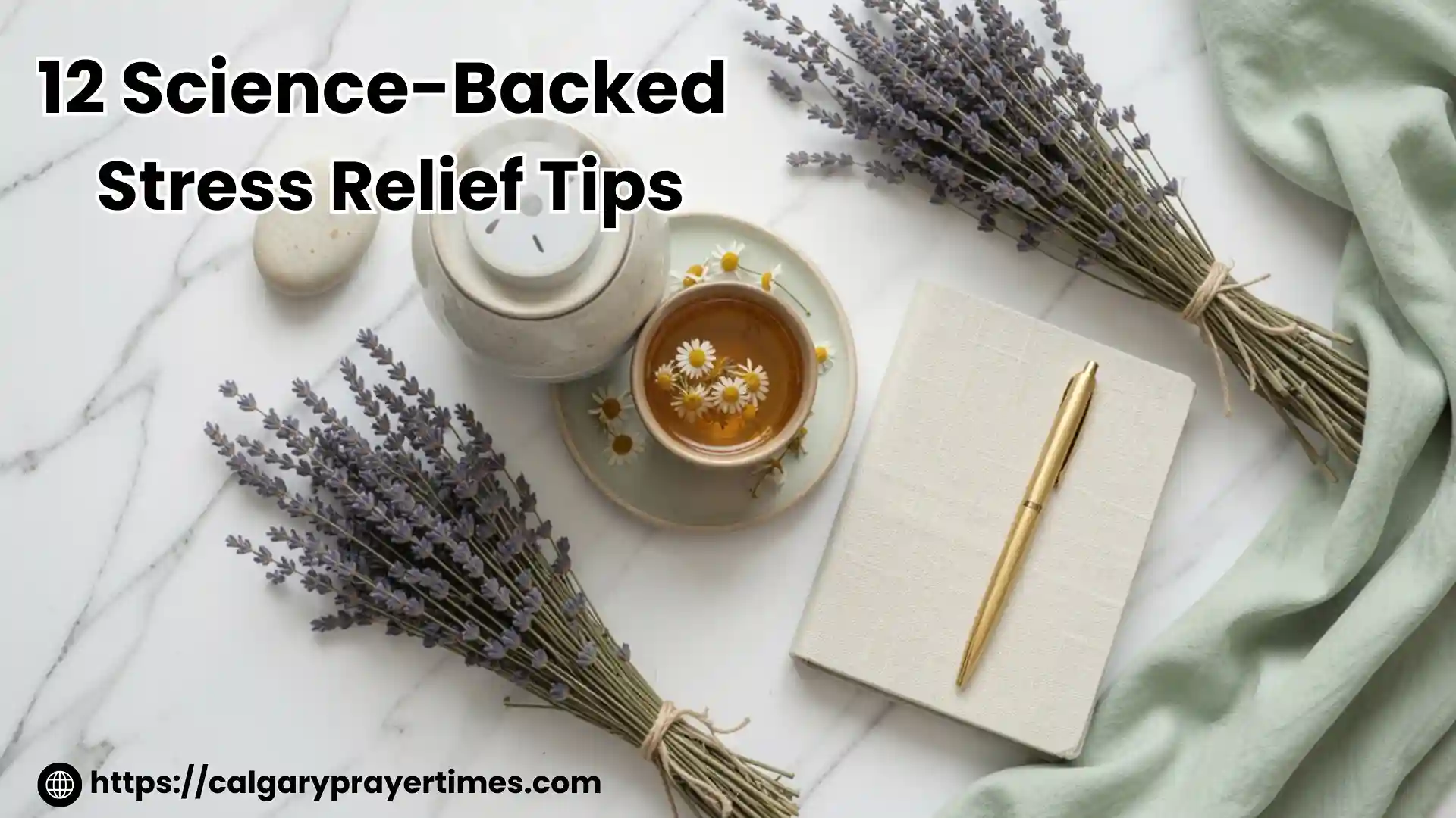 Wellness flat lay with aromatherapy diffuser, herbal tea cup, gratitude journal, and dried lavender on marble.