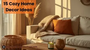 Cozy living room décor with warm lighting, chunky knit throw blanket, and woven basket .