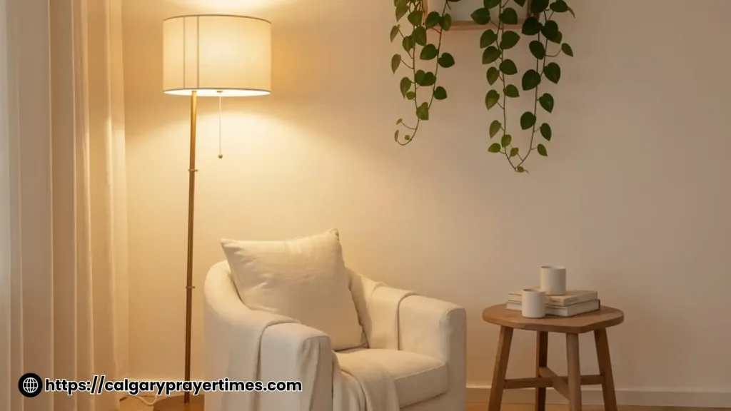 A cozy reading nook with a linen armchair.