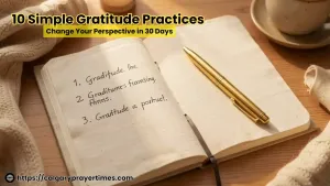 A morning desk with an open gratitude journal, a cup of herbal tea, and fresh flowers in natural light.