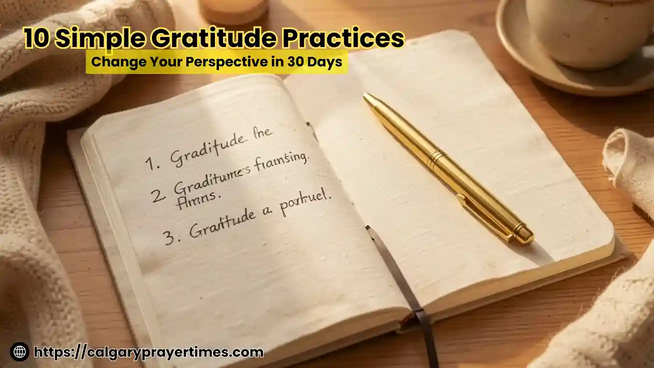 A morning desk with an open gratitude journal, a cup of herbal tea, and fresh flowers in natural light.