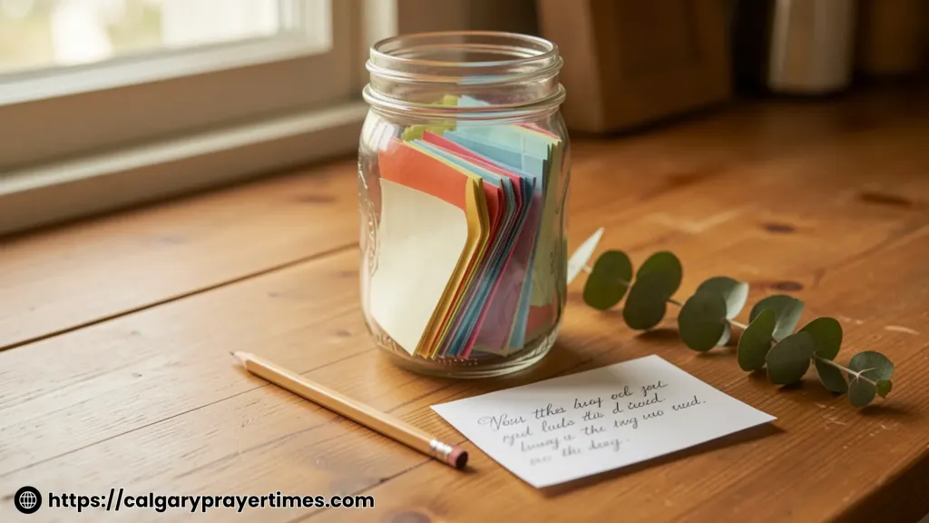 A glass jar filled with colorful folded paper notes on a wooden kitchen counter.