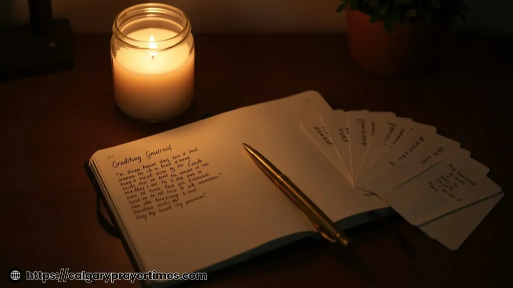 An open gratitude journal with evening reflection notes beside a lit soy candle and gratitude challenge cards.