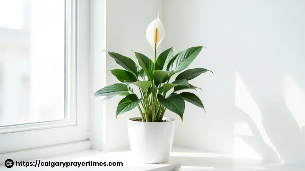 A peace lily with a white flower in a white ceramic pot on a bright windowsill.