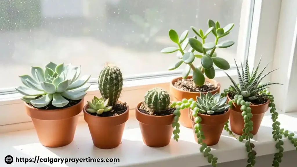 A row of colourful succulents in small terracotta pots on a sunny kitchen windowsill.
