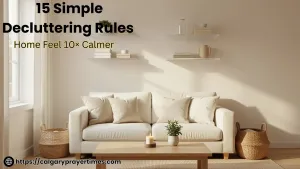 A calm, organised living room with clear shelves, woven baskets, and a tidy sofa 15 simple decluttering rules that make your home feel calmer