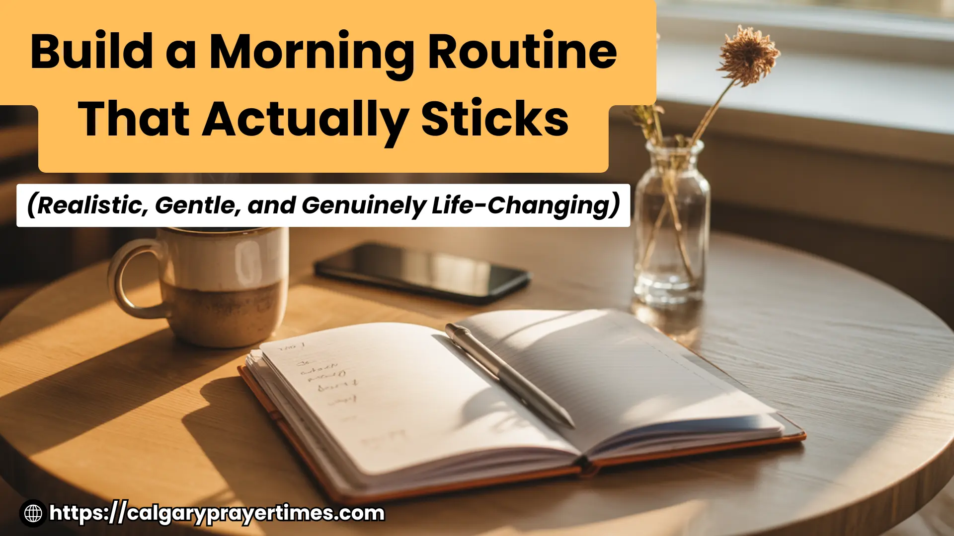A calm morning scene with a steaming coffee mug, an open planner, and soft sunlight on a wooden table