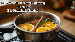 A small pot simmering on a stovetop with orange slices, cinnamon sticks, and fresh rosemary releasing natural fragrance