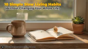 A slow morning scene with herbal tea in a ceramic mug, an open journal, and a small plant on a sunlit windowsill