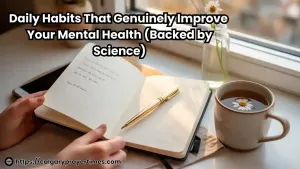 A person journaling at a bright window with a cup of herbal tea and morning sunlight — 10 small daily habits that genuinely improve your mental health.