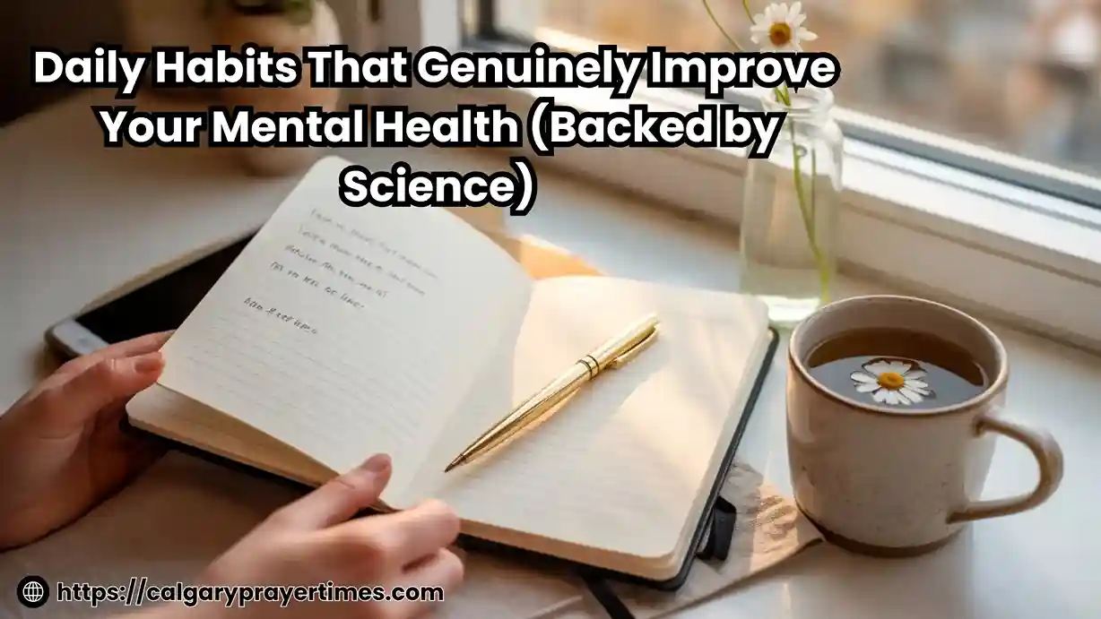 A person journaling at a bright window with a cup of herbal tea and morning sunlight — 10 small daily habits that genuinely improve your mental health.
