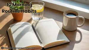 A sunlit morning desk with an open daily planner, glass of lemon water, cup of coffee, and a small succulent.