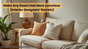 A beautifully styled living room with warm ambient lamps, textured cream cushions, and a large leaning mirror.