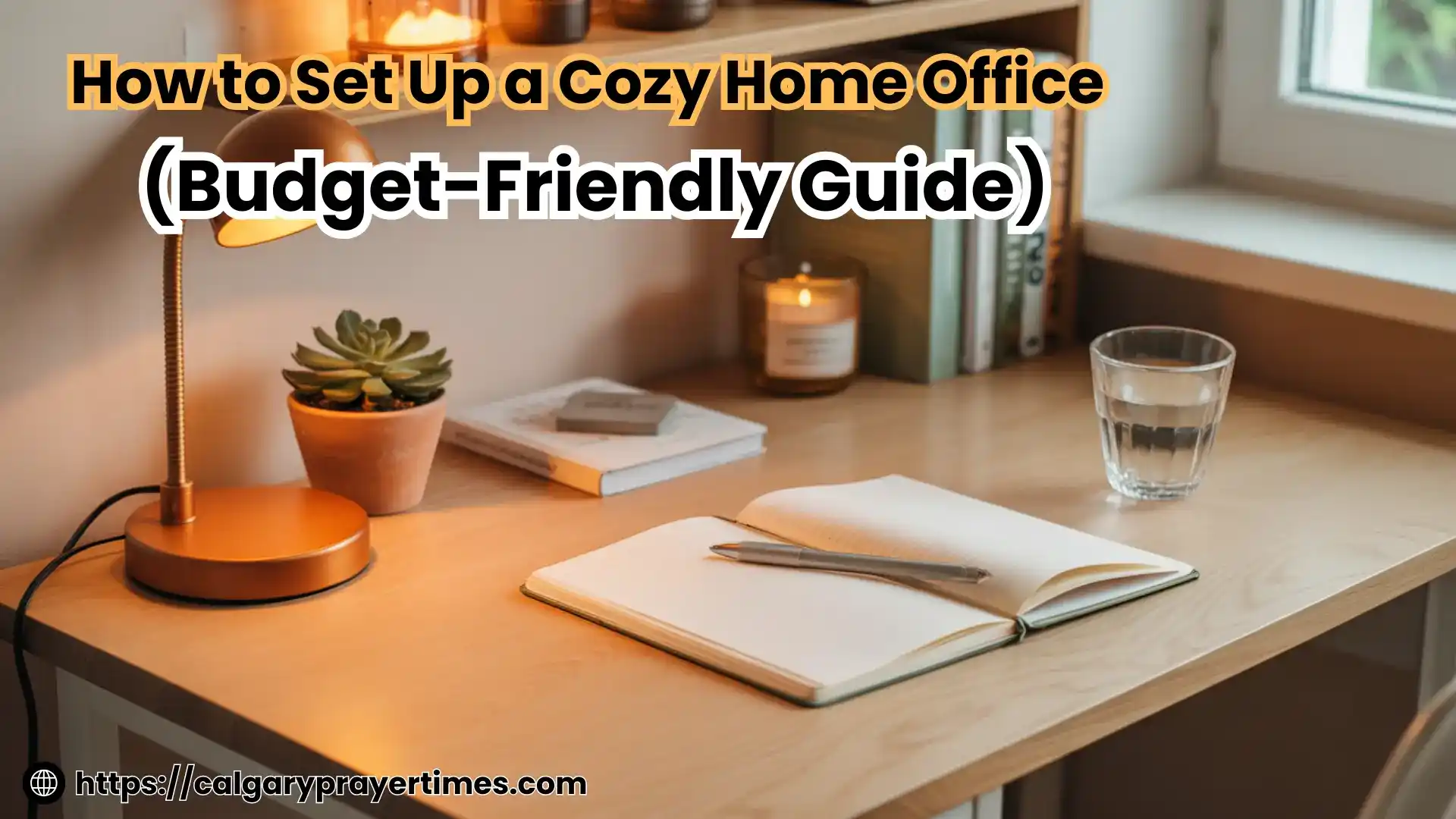 A beautifully styled cozy home office with a warm desk lamp, a small plant, a clean wooden desk, and soft natural light.