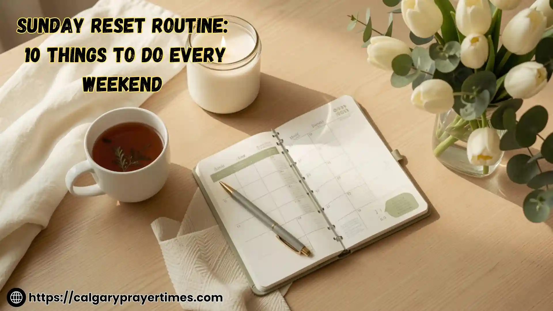 A cosy Sunday morning setup with an open weekly planner, a lit candle, herbal tea, and fresh flowers on a wooden table.