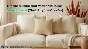 A calm, neutral living room with a linen sofa, indoor plants, a lit candle, and warm lamp light