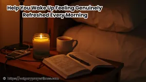 A cosy evening bedroom scene with a lit candle, herbal tea, and an open journal on a bedside table