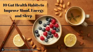 A flat lay of gut-healthy foods including a bowl of yoghurt with fresh berries, a small jar of kimchi, herbal tea, and fresh vegetables in natural morning light.