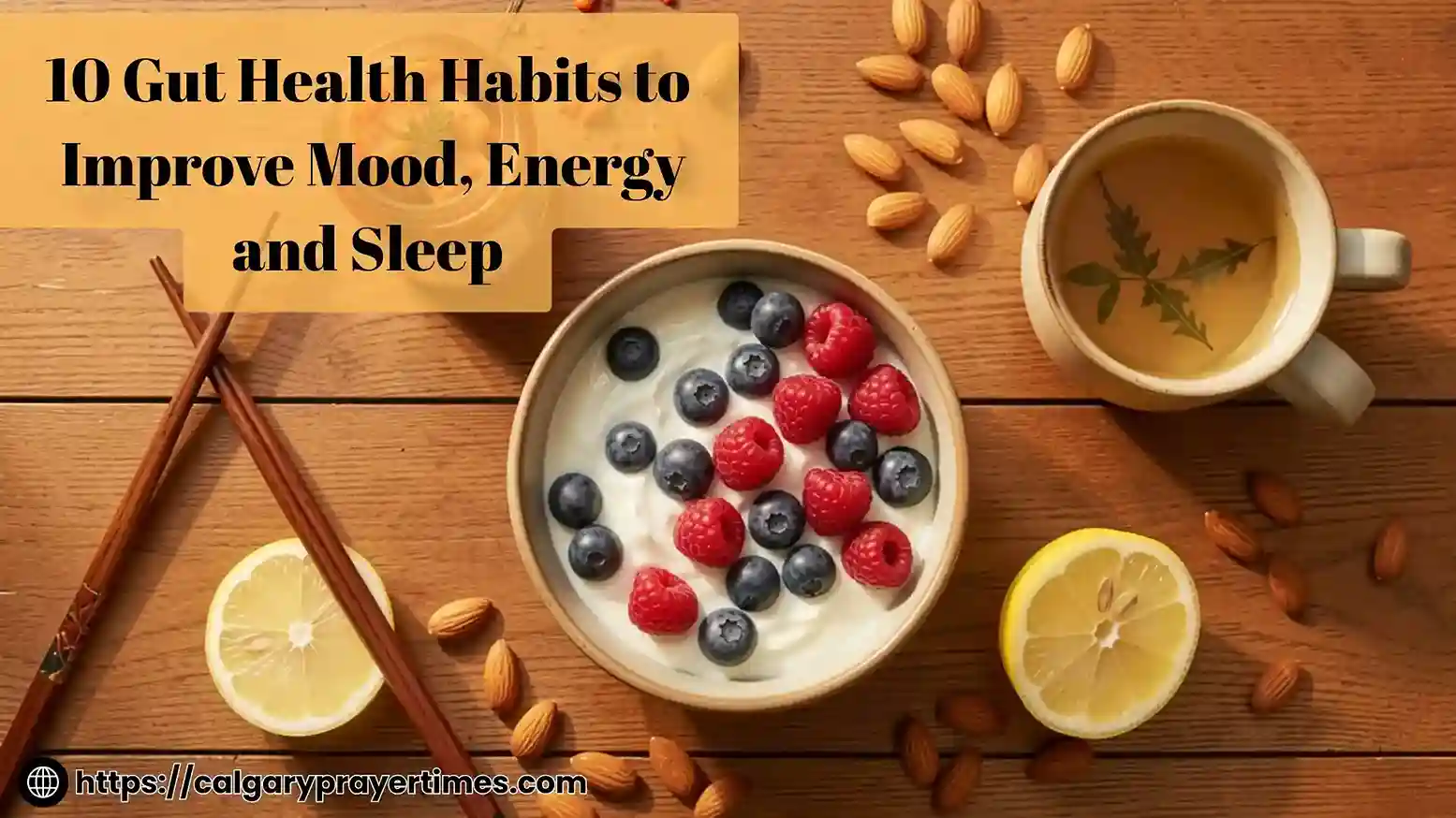A flat lay of gut-healthy foods including a bowl of yoghurt with fresh berries, a small jar of kimchi, herbal tea, and fresh vegetables in natural morning light.