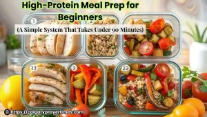 A Sunday meal prep spread with glass containers filled with chicken, quinoa, and fresh vegetables easy high-protein meal prep for beginners guide