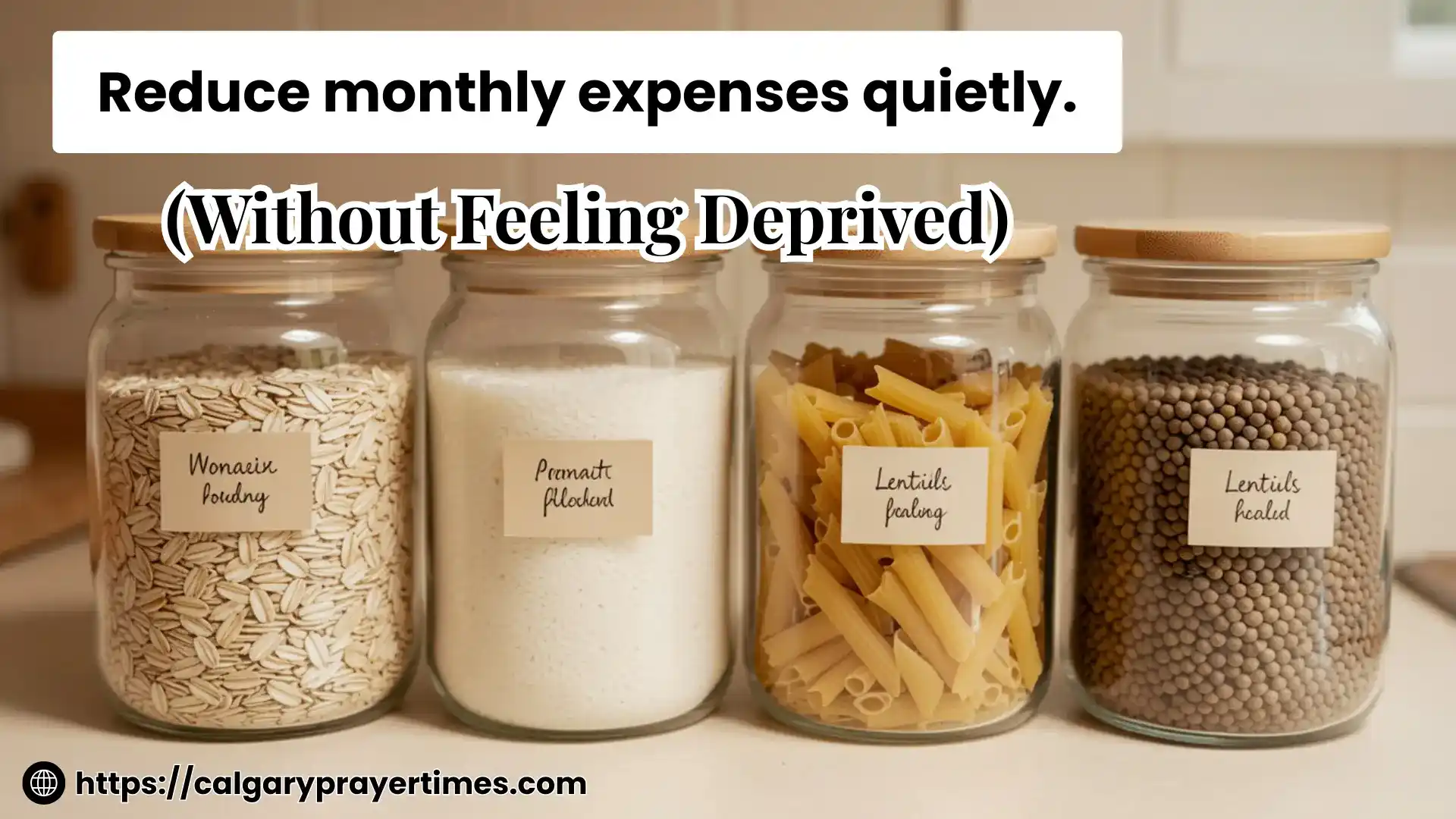 A beautifully organized kitchen pantry with matching glass jars of dry goods, a meal prep container, and fresh produce