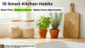 A beautifully organised kitchen counter with matching glass storage jars, fresh herbs in small pots, and a clean wooden cutting board