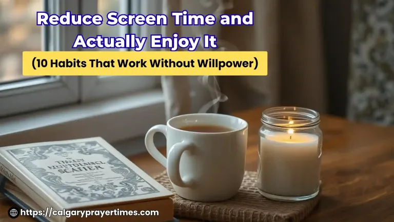 A calm, peaceful evening bedroom scene with an open book, a lit candle, and no phone visible