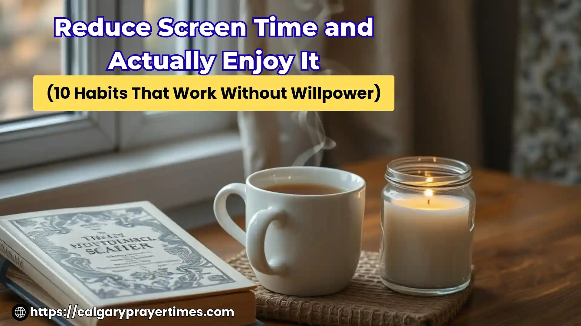 A calm, peaceful evening bedroom scene with an open book, a lit candle, and no phone visible