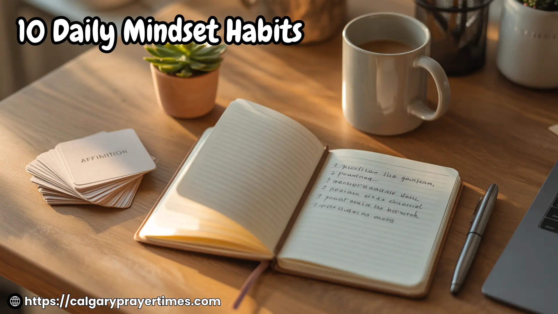 A wooden morning desk with an open mindset journal, a stack of affirmation cards, and a cup of coffee in warm light.