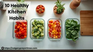 An organized kitchen counter with glass meal prep containers, fresh vegetables, and herbs in natural morning light.