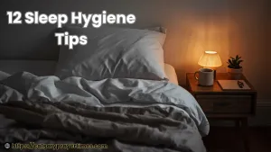 A peaceful bedroom with white linen bedding, a warm amber bedside lamp, a herbal tea on the nightstand, and no phone in sight.