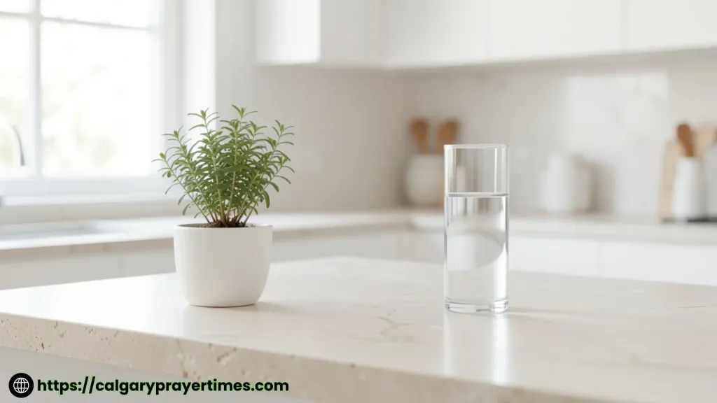 A completely clear kitchen counter with only a small plant and a glass of water decluttering rule for keeping flat surfaces clean every day