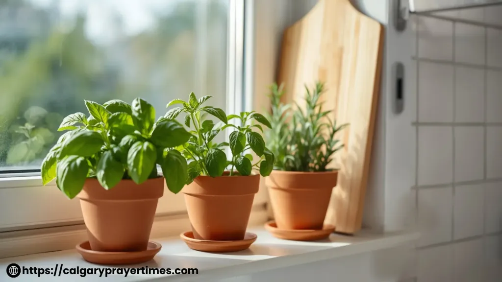 Small terracotta pots with fresh basil, mint, and rosemary growing on a sunny kitchen windowsill.