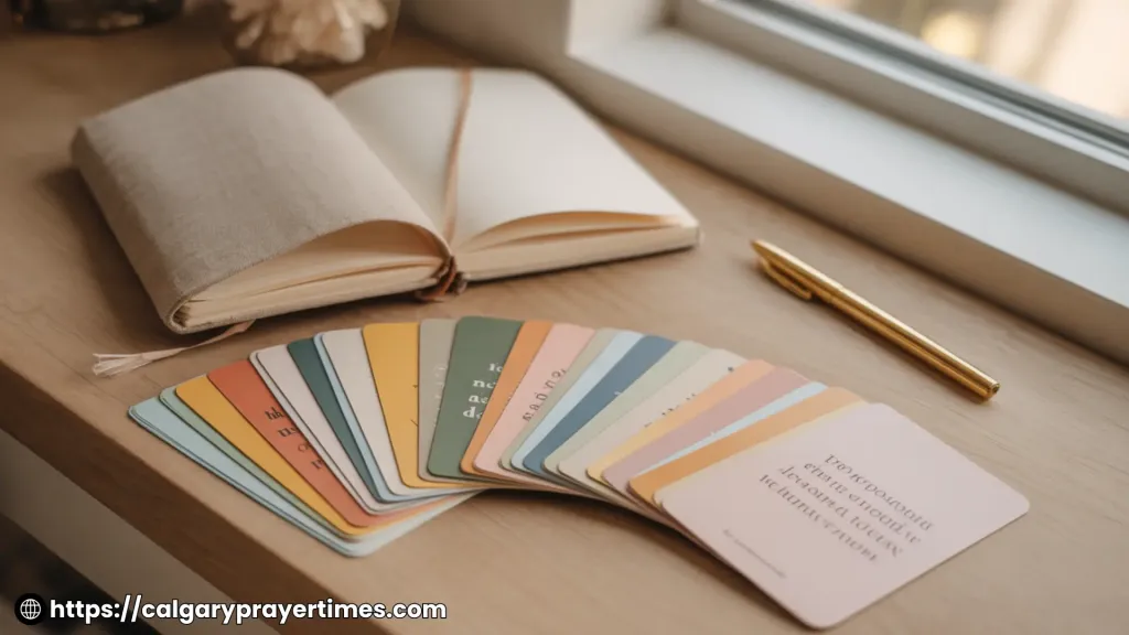 A stack of colorful affirmation cards spread on a wooden desk in natural morning light beside a journal.
