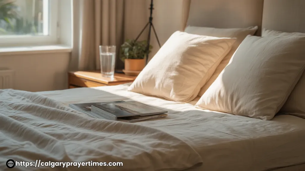 A bright bedroom with a neatly made white bed, a glass of water on the nightstand, and morning sunlight.