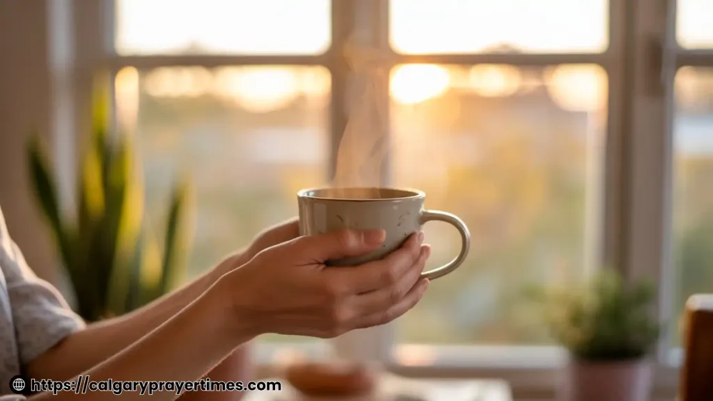 Two hands cradling a white ceramic mug of tea in front of a sunrise window with golden morning ligh.