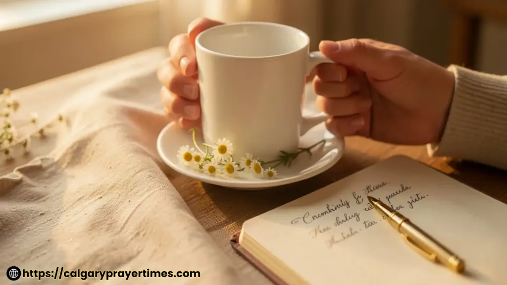 Hands holding a warm ceramic mug of chamomile tea beside an open journal with warm evening lamp light.