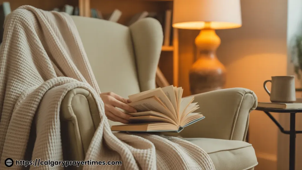 A cozy reading corner with a warm lamp, a person's hands holding an open book, and a soft blanket draped over a chair.