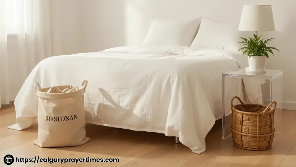 A tidy, organized bedroom with a donation bag full of clothes and a woven basket on a clear shelf.