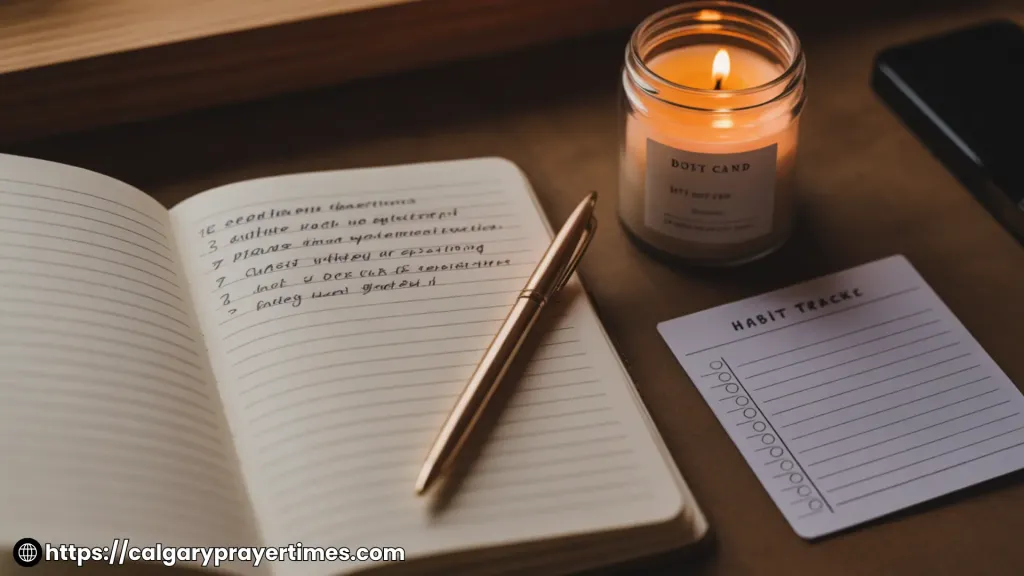 An open journal with evening reflection notes beside a lit candle and habit tracker on a wooden desk.