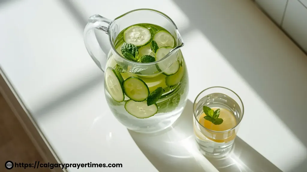 A large glass jug of infused water with cucumber slices, fresh mint, and lemon in a clean bright kitchen.
