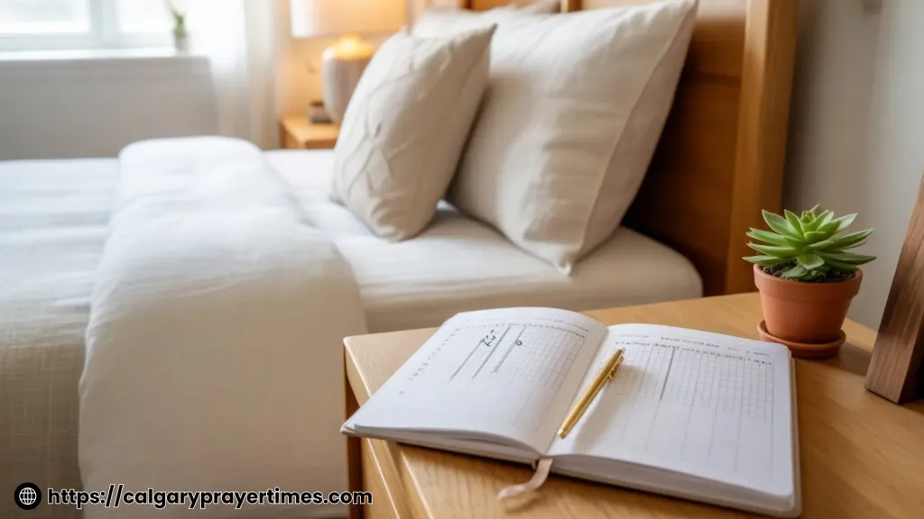 A neatly made white bed with a habit tracker journal and pen on the bedside table in morning light — small daily mental health habits that genuinely improve wellbeing